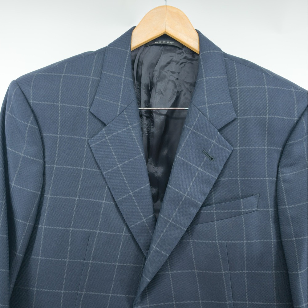 Armani Collezioni Mens Sport Coat Wool Blue Windowpane 44R Made Italy 2 Button